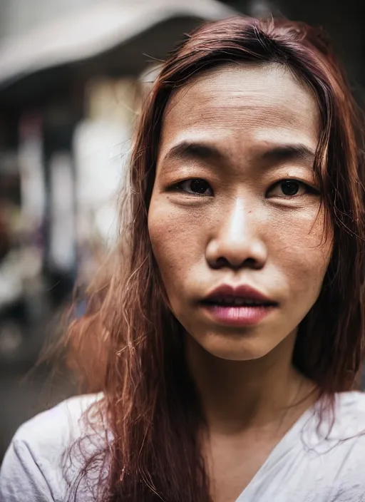 Prompt: Mid-shot portrait of a beautiful woman in her 20s from Indonesia, with long hair, candid street portrait in the style of Martin Schoeller award winning, Sony a7R