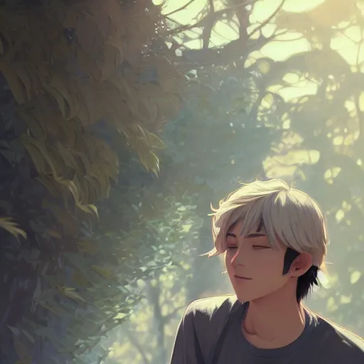 Image similar to young man with short, ash blond greyish hair, light brown eyes, casual clothes, relaxing, happy, path traced, highly detailed, high quality, digital painting, by ross tran and studio ghibli and alphonse mucha, sylvain sarrailh, beautiful details