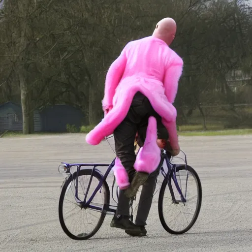 Image similar to bald man riding a pink pony