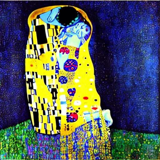 Image similar to The Kiss from Klimt but painted in the style of Vincent Van Gogh