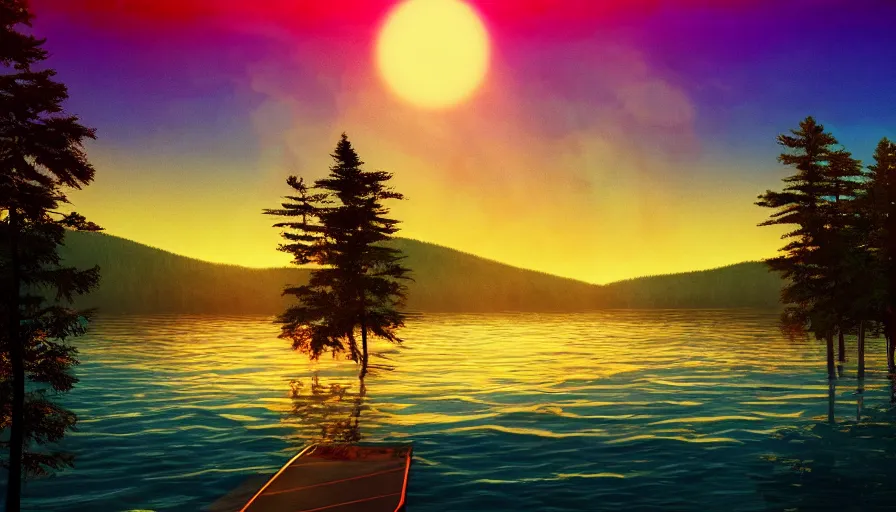 Prompt: a retrowave style artwork of lake winnipesaukee national park, a land of the dead, divine, hazy, volumetric lighting, spacetime bending, very detailed, serene, gold accents, washed out colors, beautiful artwork, master level composition, raytracing