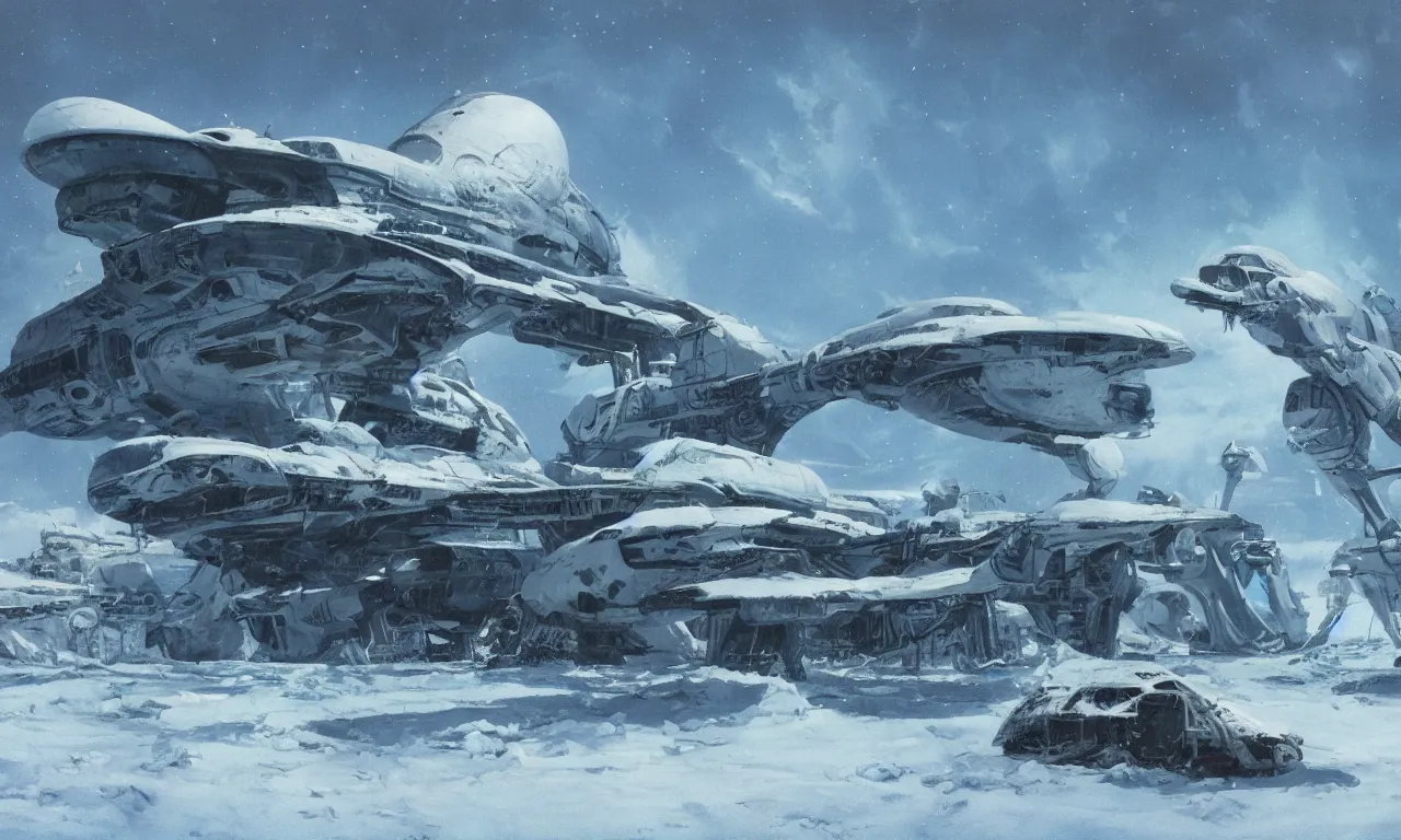 Prompt: remains of a derelict spaceship covered in snow on a frozen alien world, science-fiction, cinematic lighting, cinematic angle, Syd Mead, Federico Pelat, daylight, blue sky, spaceship in the sky