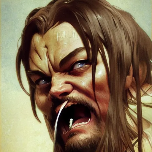 Prompt: a still of Leonardo DiCaprio as flesh human eater deformed Kyojin in Attack on Titans, (Attack on Titans anime), sigma male, accurately portrayed, portrait art by alphonse mucha and greg rutkowski, highly detailed, digital painting, concept art, trending on artstation, very detailed, smooth, sharp focus, refined, masterpiece