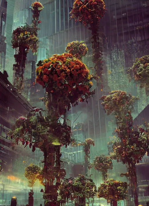 Image similar to A dystopian future in a city made up of the most incredible flowers ever seen, evil, demonic, angelic, flowers, nature, city, symmetry, environment concept, cinematic, Rendered in Octane, trending on artstation, cgsociety, moody lighting rendered by octane engine, environment 8K artstation, cinematic lighting, intricate details, 8k detail post processing, hyperealistic, octane render, photo realism, visually inspired by Blade Runner 2049