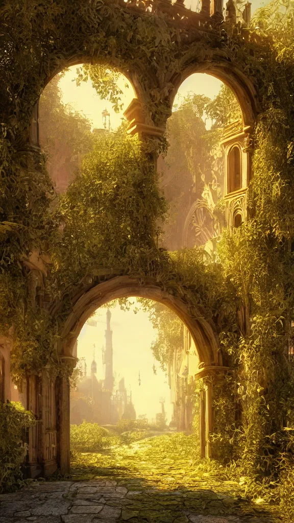 Prompt: overgrown ruined archway into a magical city, beautiful, intricate, detailed, golden light, 3 d render, 8 k