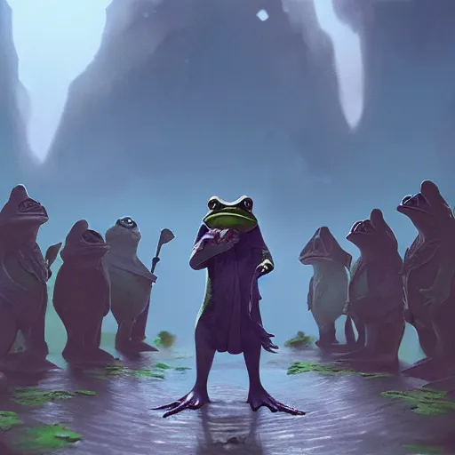 Image similar to a frog wizard standing on two legs, surrounded by an army of frog magicians, concept art, matte painting, trending artstation, 8k