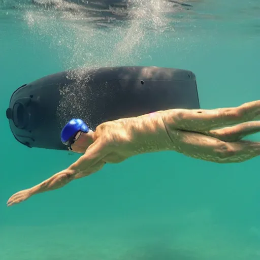 Image similar to A man swimming underwater, being chased by a submarine