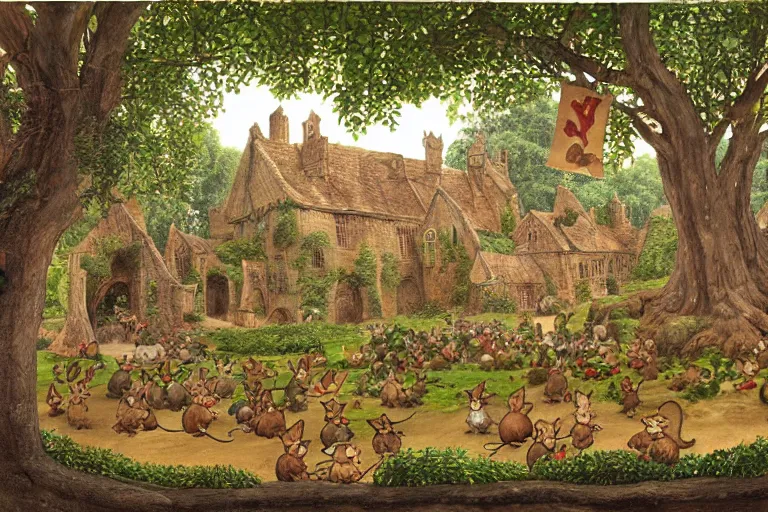 Image similar to an elaborate and dense painting of redwall abbey in mossflower wood with lots of medieval anthropomorphic mice and rabbits and otters, detailed by brian jacques and greg rutowski