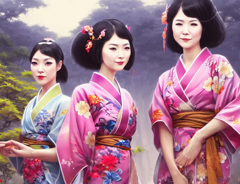 Image similar to two beautiful fashion taiwan girls wear fantasy yukata in festival | | big eyes, sunny, realistic shaded, smile, good looking, fine details, 4 k realistic, cryengine, realistic shaded lighting poster by greg rutkowski, magali villeneuve, artgerm, jeremy lipkin and michael garmash and rob rey