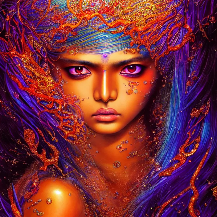 Prompt: ultra detailed illustration of a angry indian anime girl, skin covered in a sea of iridescent liquid, chrome metal material, lost in a dreamy oriental realm by Karol Bak, Moebius, hiroshi yoshida, Druillet, xsullo, WLOP, colorful, lens distortion, vivid colors, 8k, coherent, anime vibes, uplifting, magical composition, artstation, synthwave, 8k, coherent, artgerm, uplifting, unreal engine, magical composition, artstation