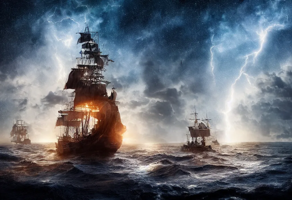 Prompt: photograph of a pirate ship traveling through sea of stars, breathtaking stars, thunderstorm lightning, interstellar, concept art, NASA, 4K, Detailed, HDR