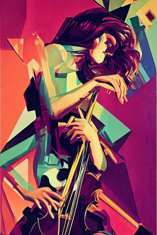 Image similar to wideangle action, portrait of a crazy cellist girl, shockwave, decoherence, synthwave, glitch!!, fracture, vortex, realistic, hyperdetailed, concept art, golden hour, art by syd mead, cubism