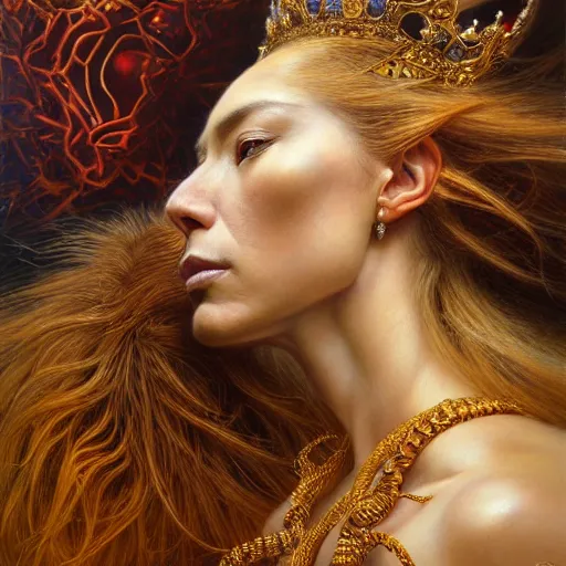 Image similar to highly detailed portrait of a majestic lioness queen in the form of a beautiful woman. d & d. art by donato giancola, ayami kojima, ruan jia, martin schoeller. trending on artstation, intricate details, energetic composition, golden ratio, concept art, illustration, elegant art, global illuminaition