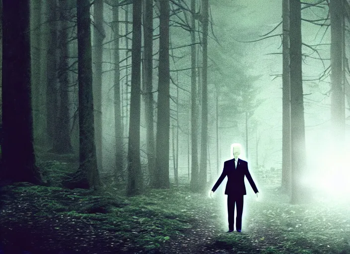 Image similar to joe biden as slenderman in forest, creepy joe biden, tall trees, night, creepy, horror, movie still, dark, haunted, cinematic lighting, ray tracing, octane render, long lens, shallow depth of field, bokeh, anamorphic lens flare, 8 k, hyper detailed, 3 5 mm film grain