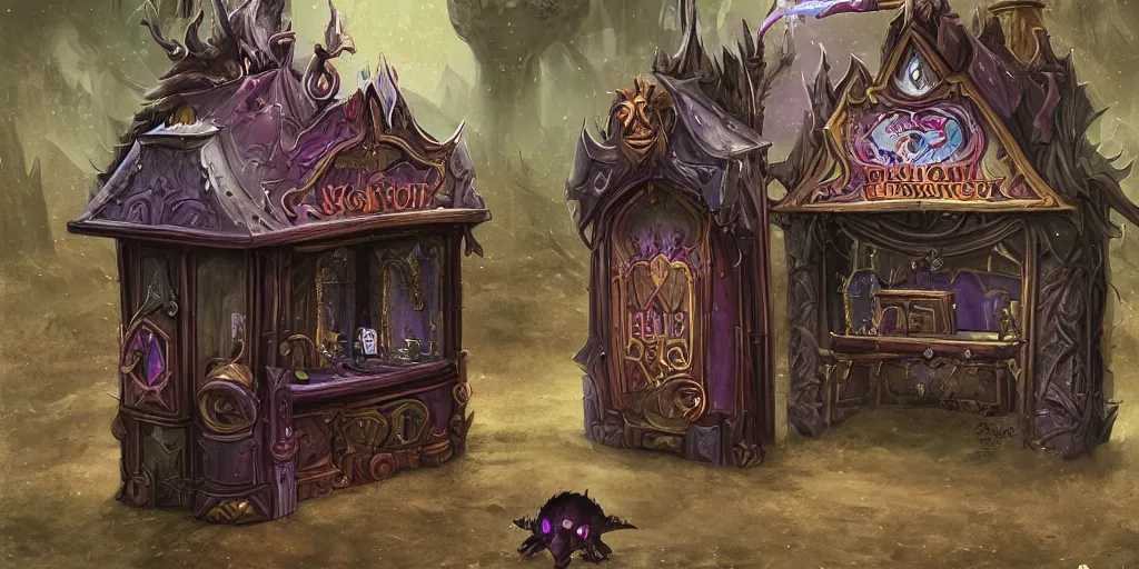 Image similar to a dark fantasy side view of a evil circus ticket booth, tim burton, world of warcraft, league of legends