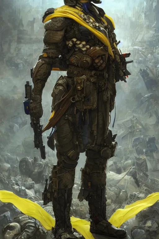 Prompt: shot of Vladimir Zelenskiy as a super soldier with Ukrainian blue and yellow flag on his back, handsome, fantasy, intricate, pile of skulls under his feet, elegant, highly detailed, digital painting, artstation, concept art, smooth, sharp focus, illustration, art by artgerm and greg rutkowski and alphonse mucha