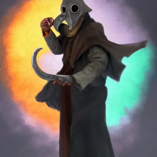 Image similar to Mage plague doctor, Casting a rainbow colored spell, highly detailed, concept art,, D&D, Fantasy, Digital Painting, sharp focus, dynamic, lighting, 4k, by Greg Rutkowski