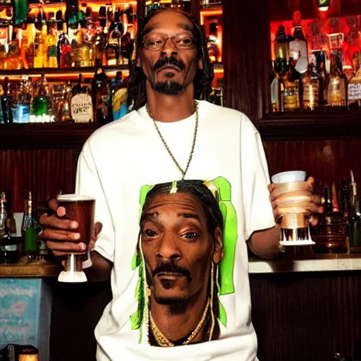 Image similar to snoop dogg at trader vic's bar holding a tiki mug with his face on it