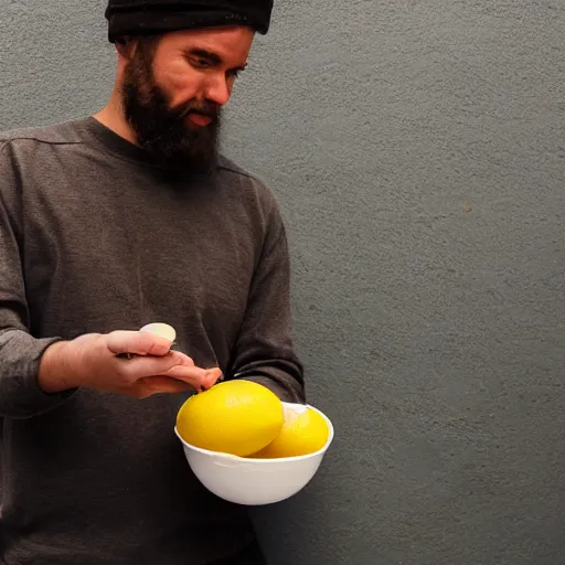 Prompt: man standing below bowl of lemons