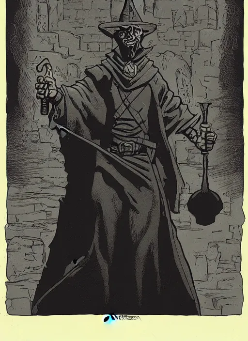 Image similar to highly detailed, hyper realistic wizard with a dungeon background by mike mignola