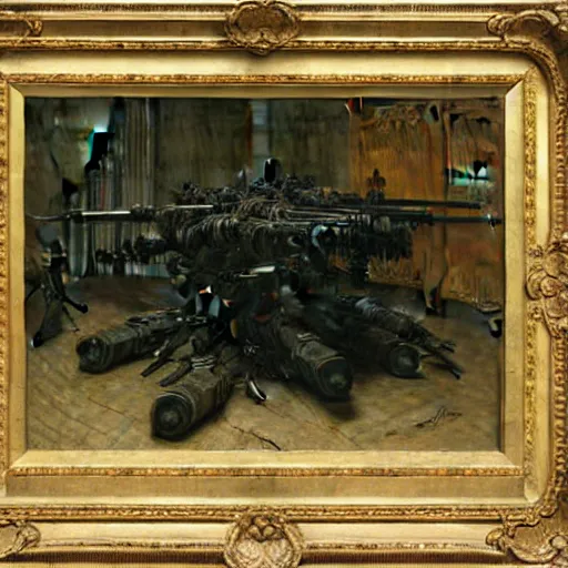 Image similar to Still life of a combat mech surrounded by its weapons, by Henri Fantin-Latour