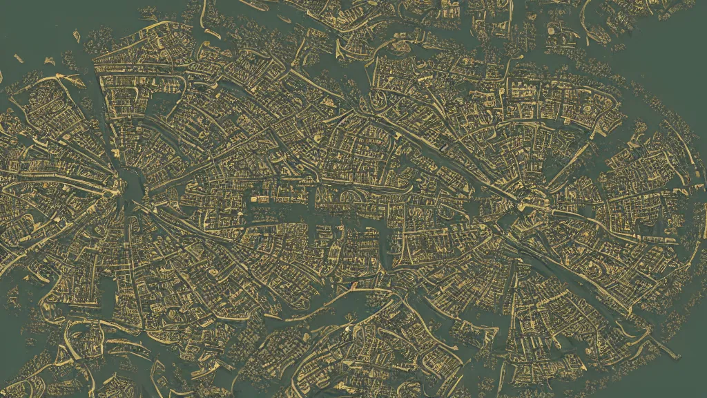Image similar to a overhead map of a large holy city with a large tower in the center surrounded by rivers and a forest, trending on artstation
