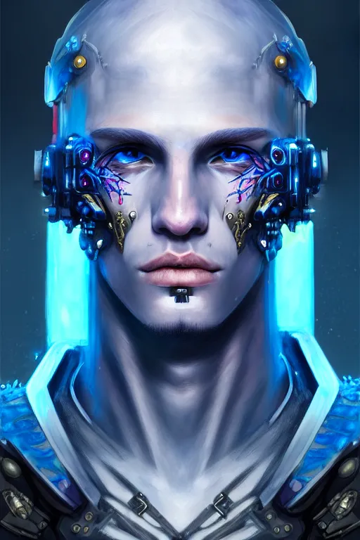 Image similar to portrait of beautiful young man, warhammer, cyber style, cyberpunk armor, a lot of more scars, more and more flowers, blue head, the middle ages, highly detailed, artstation, illustration, artgerm sylvari portrait, 8 k quality, art by gustav klimt