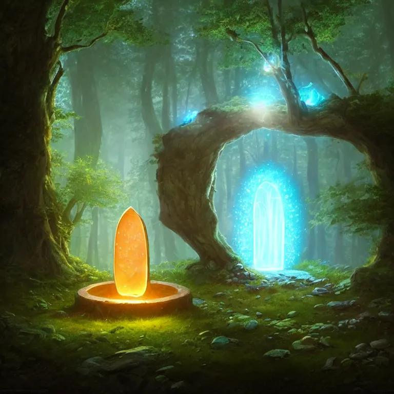 Image similar to Fantasy Magical fairy-tale glowing stone portal in the forest. Round stone portal teleport in trees to other worlds. Fantastic landscape. Magic Altar in the fores, highly detailed, digital painting, artstation, concept art, smooth, sharp focus, illustration, art by greg rutkowski