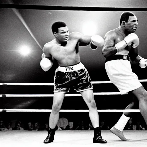 Image similar to mike Tyson fighting Mohammad ali in a boxing match, black and white, 1940s, grain, old photo