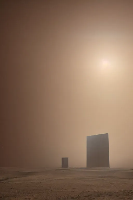 Image similar to inside a tall open room, monolithic, open wall architecture, sand storm inside, high winds, concrete pillars, ancient sci - fi elements, on an alien planet, sun is blocked by dust, pale orange colors, cinematographic wide angle shot, directed by christopher nolan