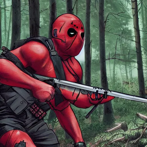 Image similar to jason voorhees fighting with deadpool in the woods digital art 4 k detailed super realistic