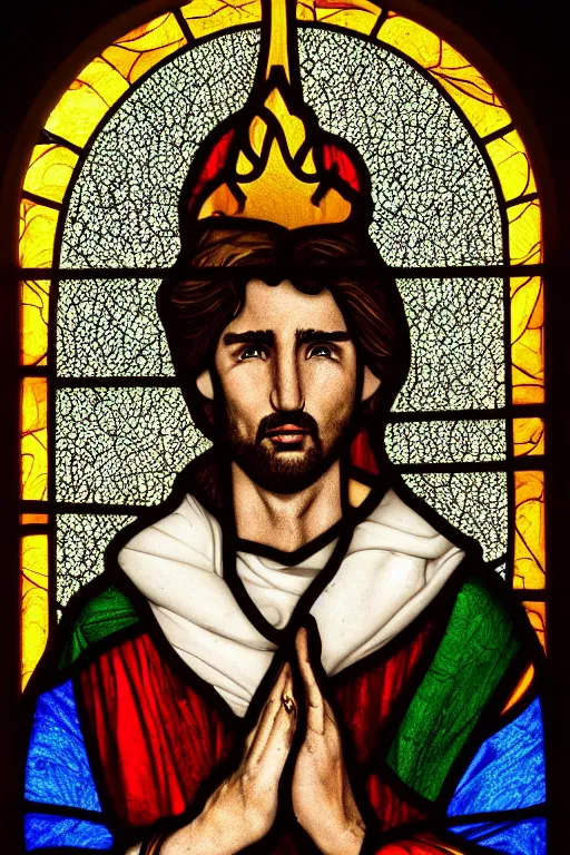 Prompt: stained glass window, portrait of justin trudeau crying, detailed and masterful, intricate, elegant, highly detailed, centered, artstation, smooth, sharp focus, octane render