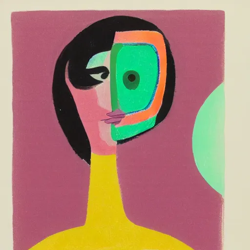 Image similar to A beautiful illustration. She has deeply tanned skin that makes me think of Oort, an almond Asian face and a compact, powerful body. magenta, 1970s by Ben Shahn, by Etel Adnan rich details, unnerving
