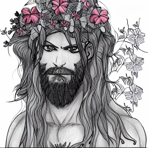 Image similar to male firbolg druid with vines and hibiscus flowers as hair simple drawing, comic style