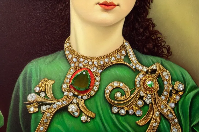 Image similar to highly detailed oil painting, front view, very realistic gemstones, art nouveau, ornate, delicate, brilliant emerald choker, necklace on display, dramatic light,