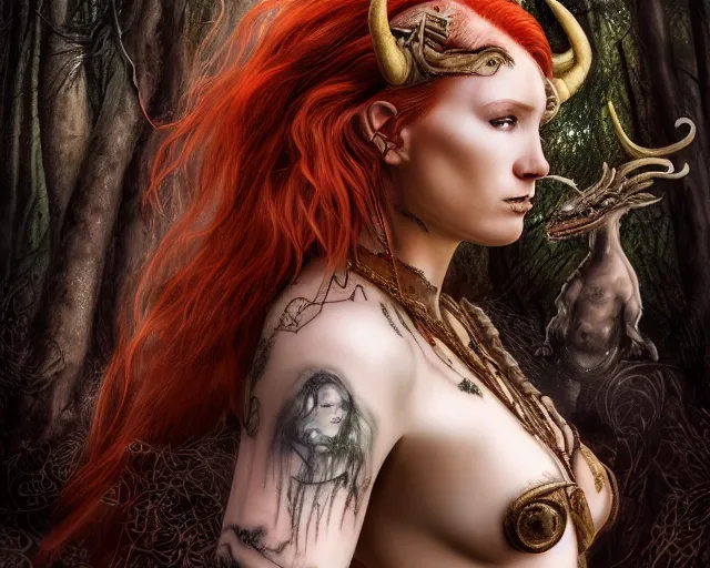 Image similar to 5 5 mm portrait photo of an armored gorgeous anesthetic redhead woman warrior with a face tattoo and horns growing from her head, and small dragon sitting on her shoulder in a magical forest in the style of stefan kostic, art by luis royo. highly detailed 8 k. intricate. lifelike. soft light. nikon d 8 5 0. cinematic post - processing