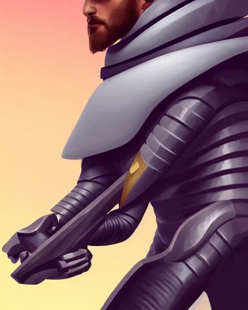 Image similar to digital illustration of a sleek futurstic warrior, curved smooth armor, holding a curved futuristic weapon | | epic - fine - clean, polished, trending on artstation, brush strokes