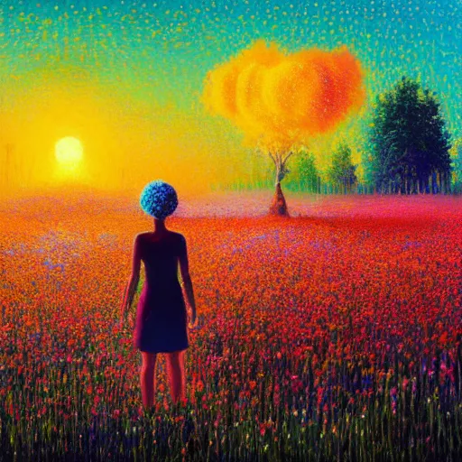 Image similar to girl with surreal exploding flower head, standing in flower field, big trees, sunrise dramatic light, impressionist painting, colorful clouds, digital painting, pointillism, artstation, simon stalenhag