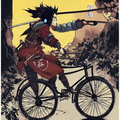 Image similar to japanese samurai riding a bicycle that looks like Borderlands and by Feng Zhu and Loish and Laurie Greasley, Victo Ngai, Andreas Rocha, John Harris