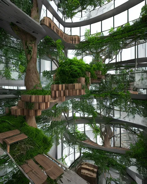 Prompt: urban atriums hyperdetailed hyperrealistic tree house, roots growing from bottom to ceiling, wooden modern decoration, staircases, tree branches instead of walls, cluttered with furniture and books, plants, moss, voronoi, frank gehry style, aurora borealis, unreal engine 5, octane render, organic shaped windows, volumetric lighting, photogrammetry, dezeen, vray, hyperrealism