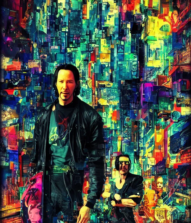 Prompt: Beautiful colorful Cyberpunk Movie Poster made for the film William Gibson's Cyborg Nights (2004) Starring Melissa McCarthy and Keanu Reeves, minimalist oil paint and ink and photo collage by Man Ray and Marcel Duchamp and Diane Arbus, Vivid color trending on artstation Cinematic lighting photographic! collage!! 8k