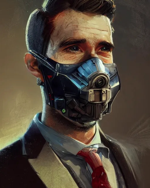 Image similar to a rugged young engineer man with cybernetic enhancements wearing a suit and bowtie, detailed face with mask, scifi character portrait by greg rutkowski, esuthio, craig mullins, 1 / 4 headshot, cinematic lighting, dystopian scifi gear, gloomy, profile picture, mechanical, half robot, implants, steampunk