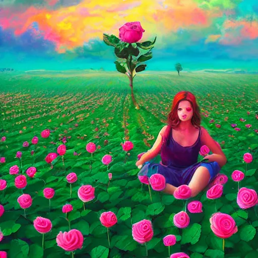 Image similar to giant rose flower head, full body girl sitting in a flower field, surreal photography, sunrise, dramatic light, impressionist painting, colorful clouds, digital painting, artstation, simon stalenhag