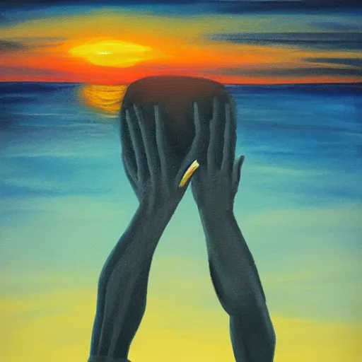 Prompt: a man standing watching the sunset, arms and legs open, behance, dream, acrylics, soft colour, featured