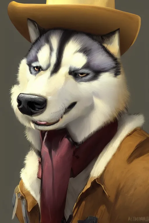 Prompt: a portrait painting of a husky in cowboy costume, wearing a cowboy hat, in the style of anime, [ western film ], humanoid, personify, anthropomorphic, trending on artstation