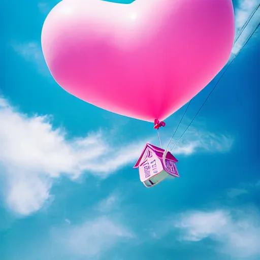 Prompt: a 5 0 mm lens photograph of a cute pink floating modern house, floating in the air between clouds, inspired by the movie up, held up from above by a heart - shaped ballon. mist, playful composition canon, nikon, award winning, photo of the year