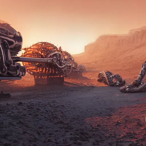 Prompt: giant robotic steampunk centipede in a desert, extremely detailed, hdr, unreal engine, robotic, retro, beautiful, sunny, intense, cinematic lighting,