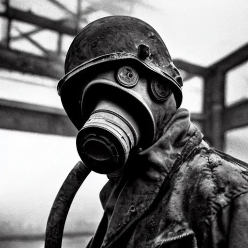 Image similar to film still of a man wearing post apocalyptic clothes and a gas mask inside a rusty factory, low angle dramatic