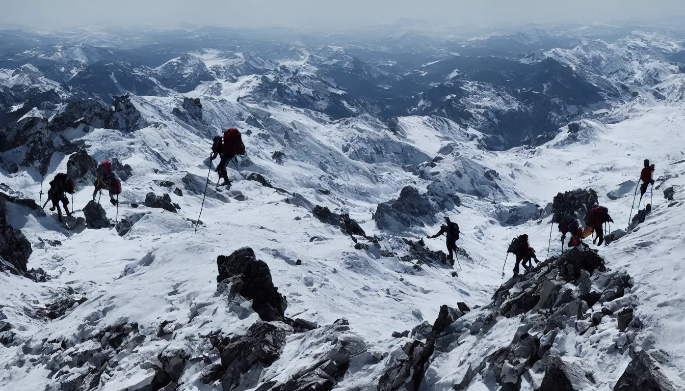 Image similar to mountaineers hiking, view from above, kilian eng, silhouettes