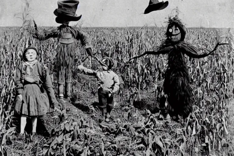 Prompt: disturbing scarecrow from the early 1 9 0 0's leading innocent children into the cornfields